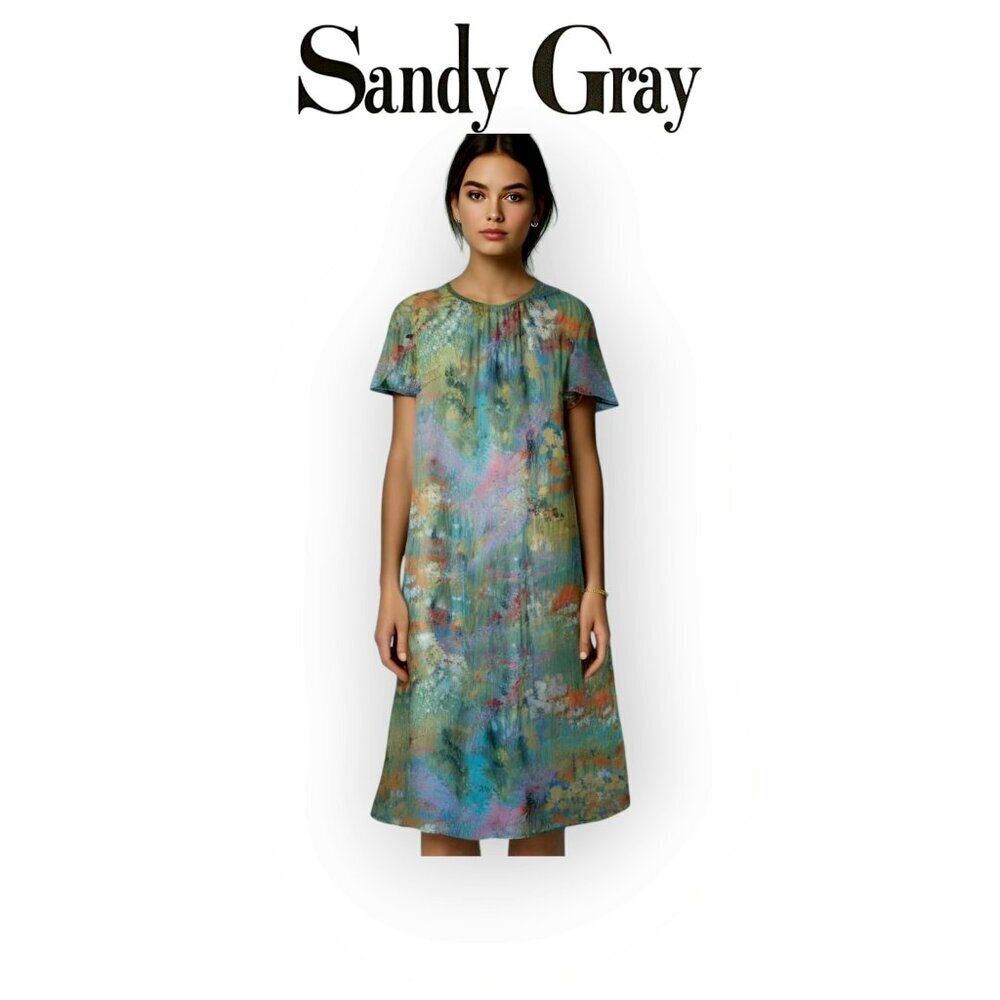 Sandy Gray Vintage Floral Dress Canadian Made Monet Style Stretch Small Medium
